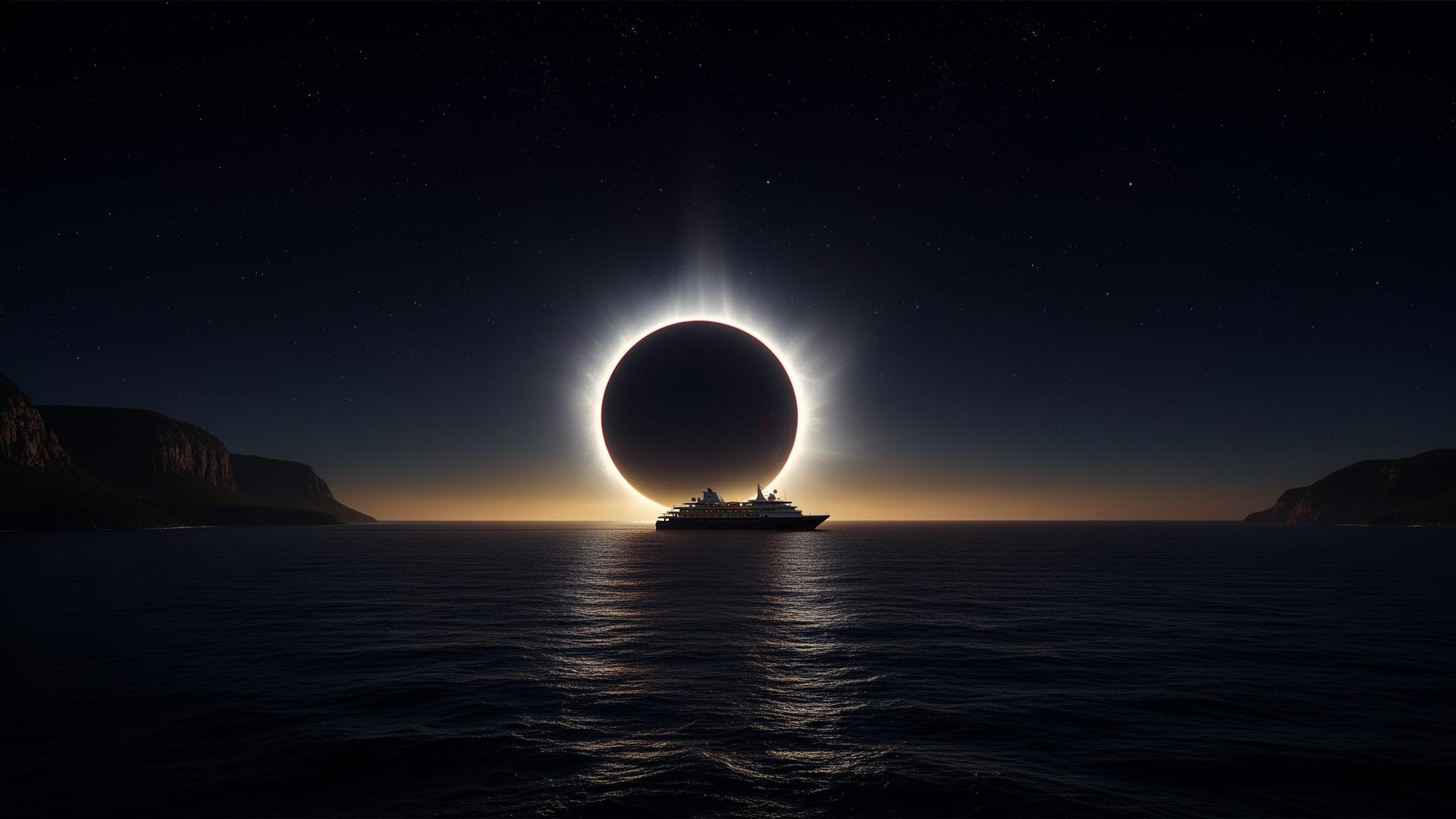 Total solar eclipse over the ocean with an expedition ship silhouette